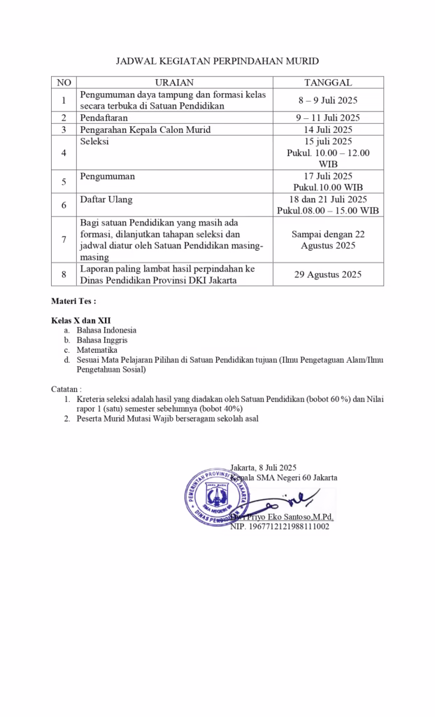 Jadwal kegiatan mutasi siswa SMA Negeri 60 Jakarta semester ganjil tahun pelajaran 2025/2026